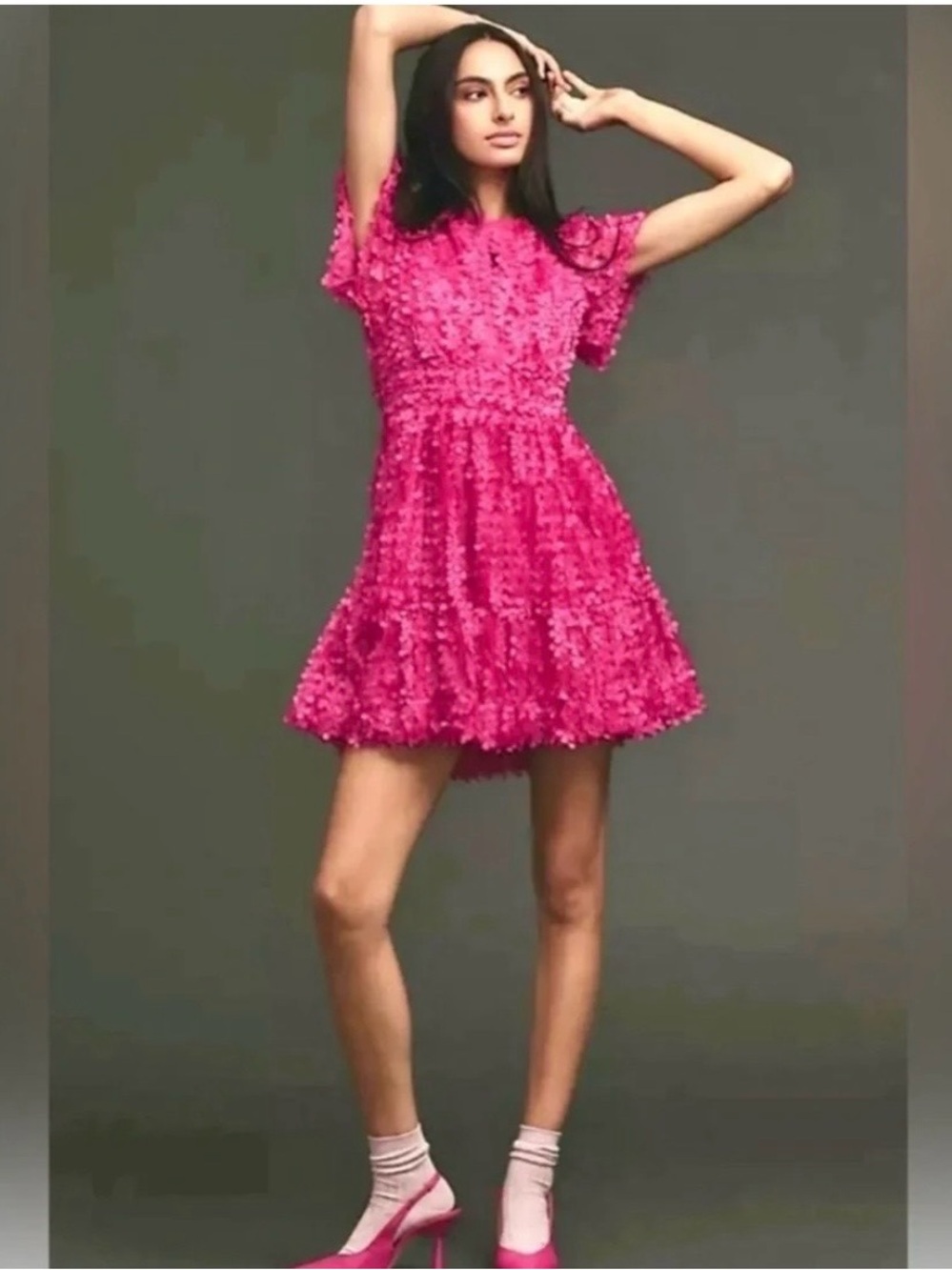 Anthropologie Hot Pink Textured Short Sleeve Mini Dress